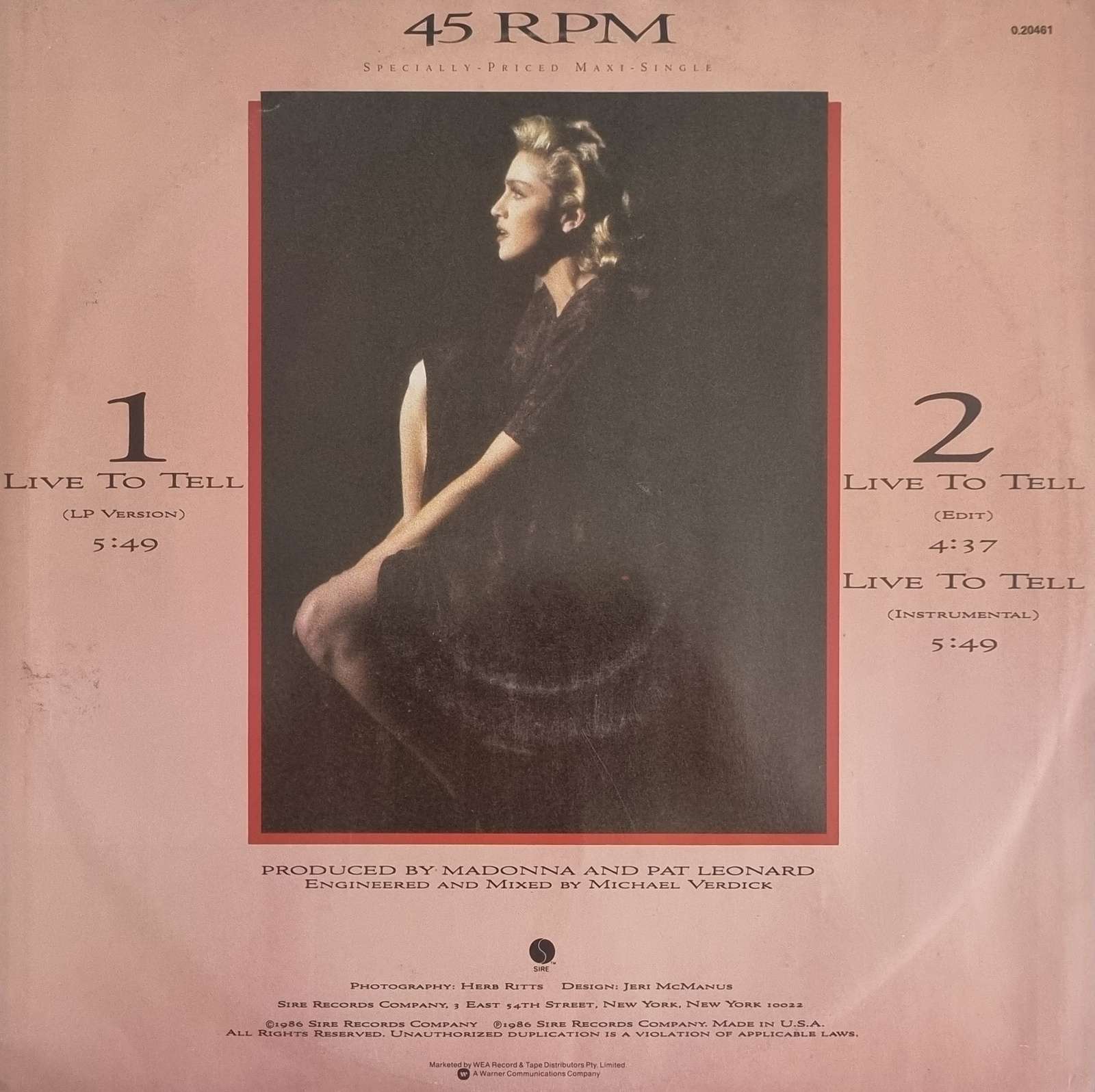 Madonna - Live to Tell 12 inch single