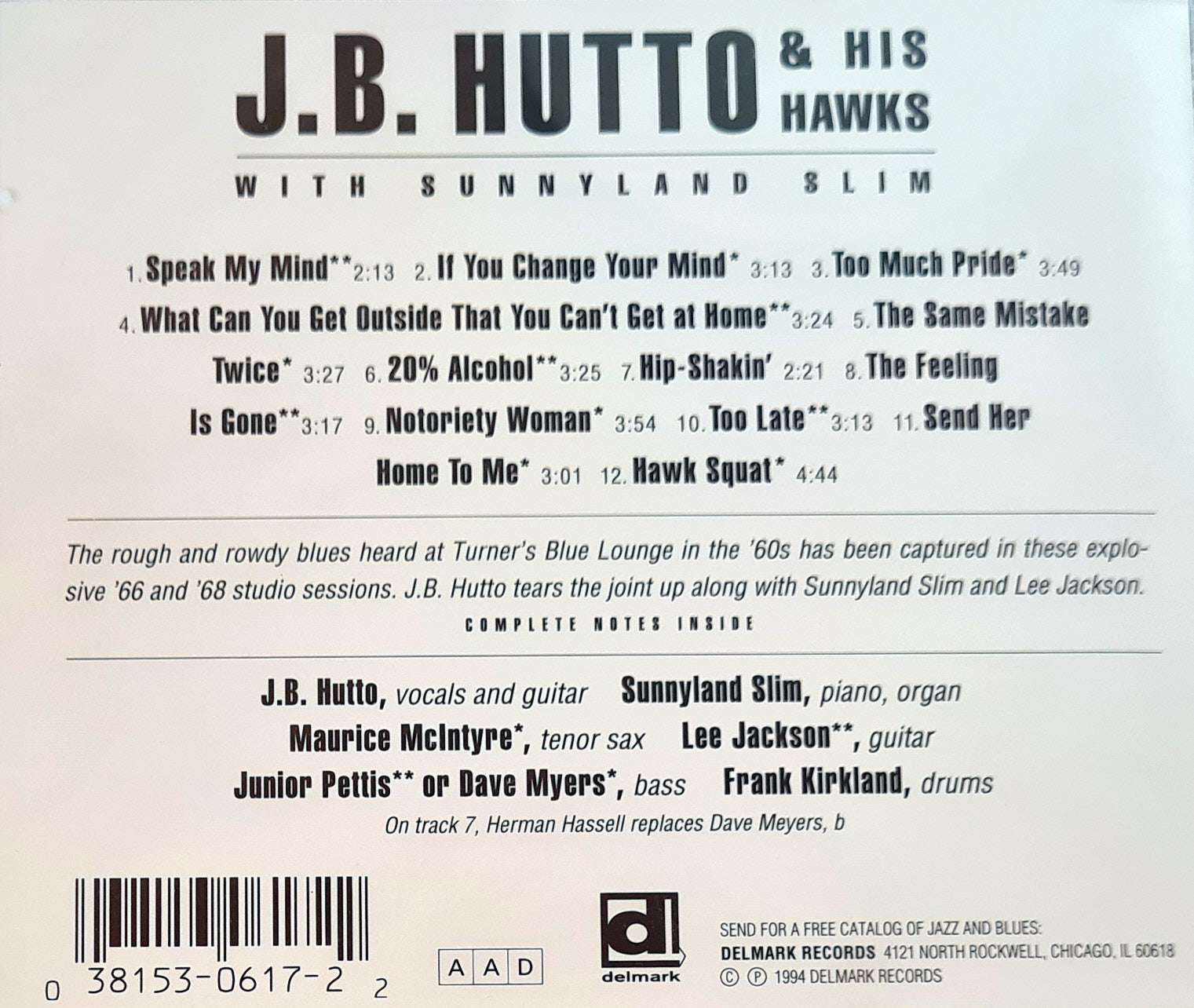 J.B. Hutto & His Hawks with Sunnyland Slim - Hawk Squat CD